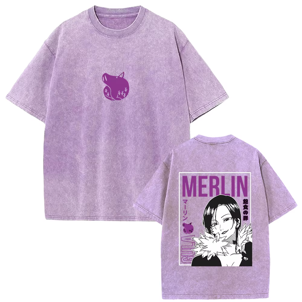 Merlin les sept péchés capitaux graphique T-shirt Manga Vintage lavé surdimensionné
