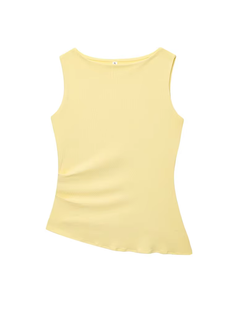 Débardeur asymétrique froncé jaune sans manches pour femme – Tendance décontractée pour la plage et l'été