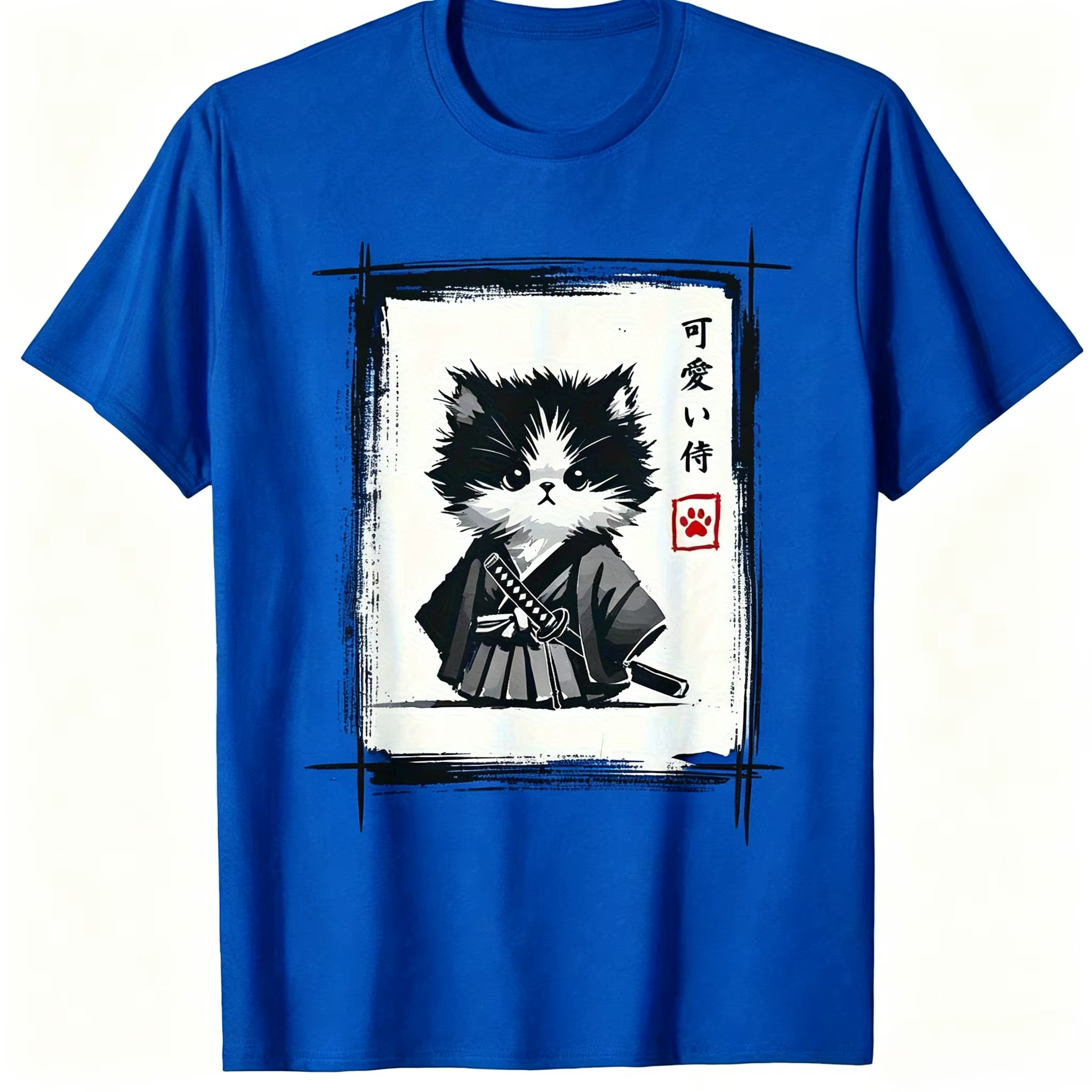 T-shirt imprimé Kawaii Chat Samouraï Art à l'encre japonaise