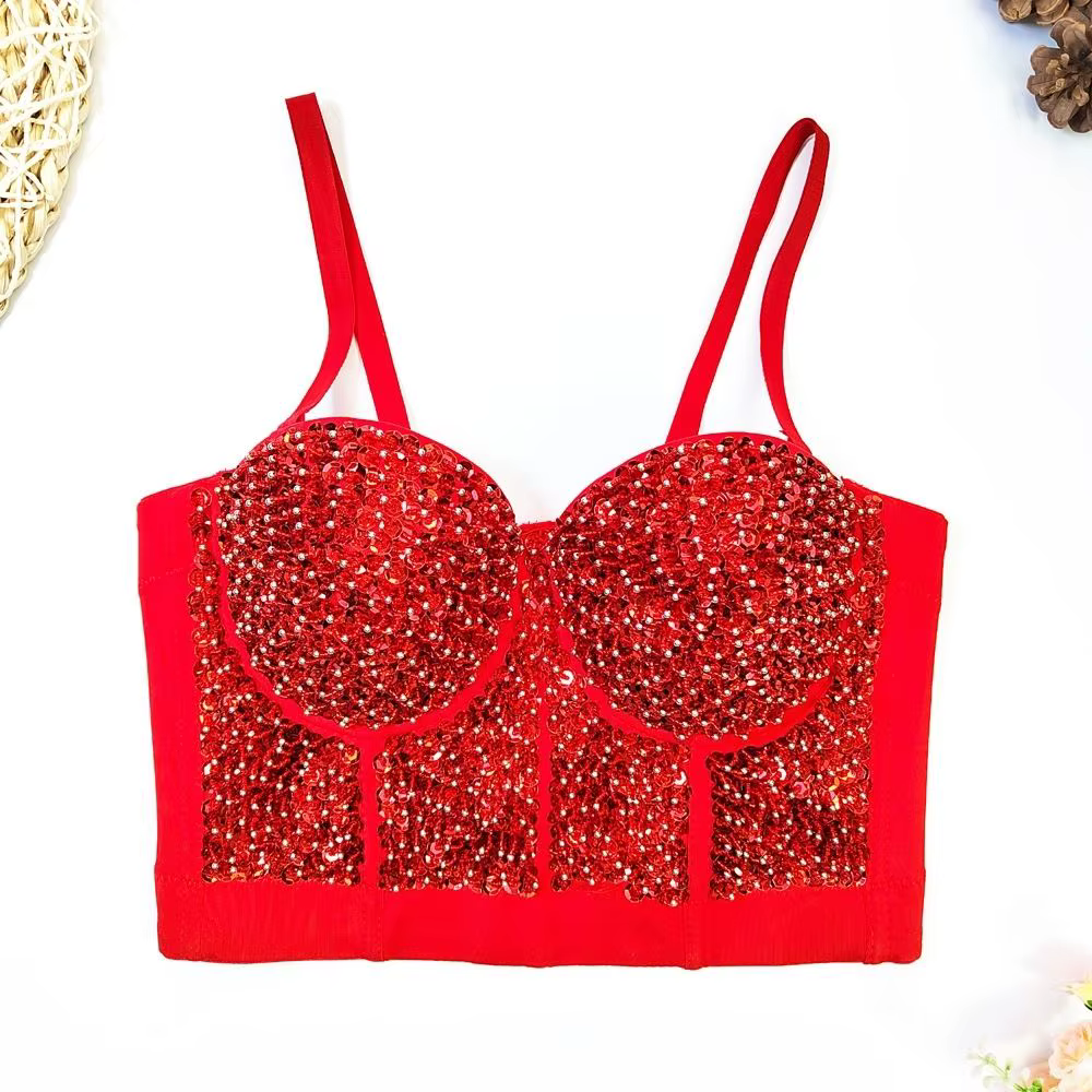 Haut court de danse latine noir 2026 pour femme – Gilet sexy à sequins sans manches