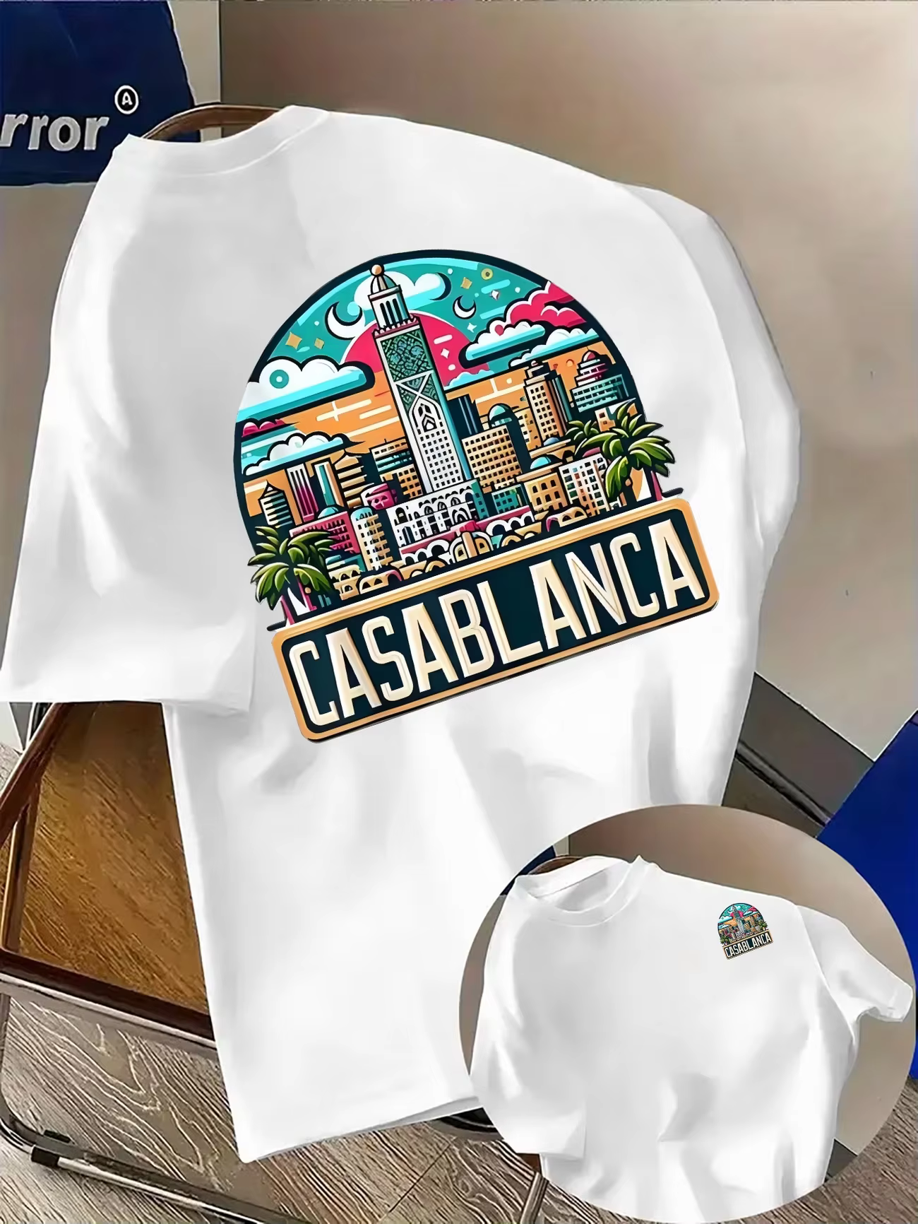 T-shirt en pur coton pour homme avec imprimé architecture urbaine marocaine et police Casablanca