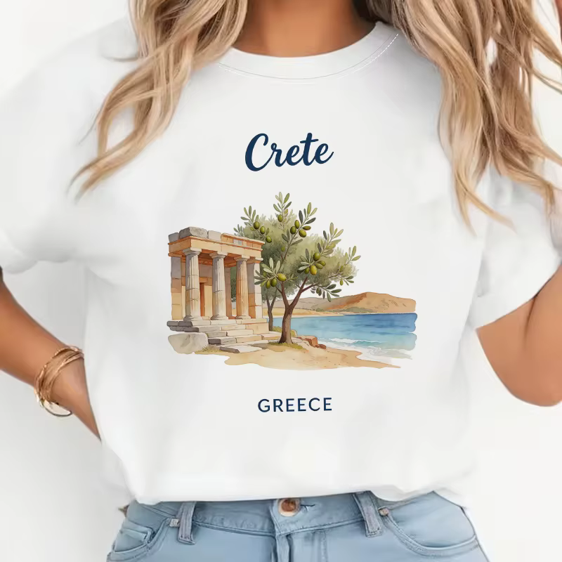 T-shirt décontracté à manches courtes pour femmes avec imprimé Santorin Grèce