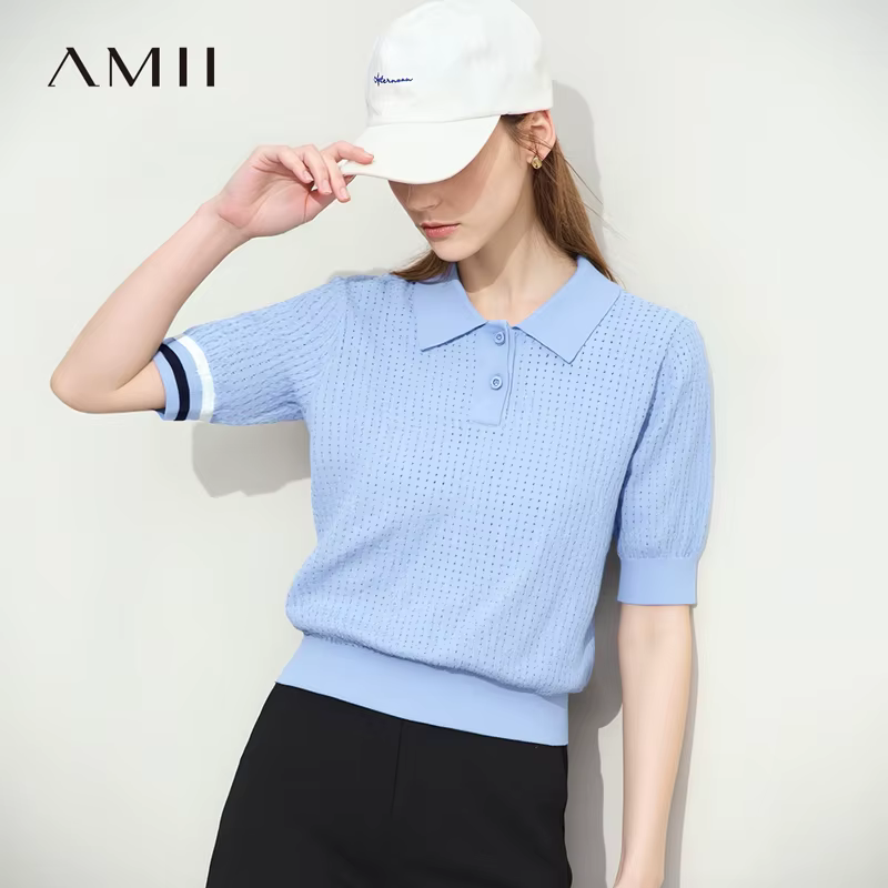 Chemises Polo AMII Femme Printemps 2026 Nouveau Col Revers Décontracté Contraste de Couleurs Rayé Tricoté T-shirts Haut