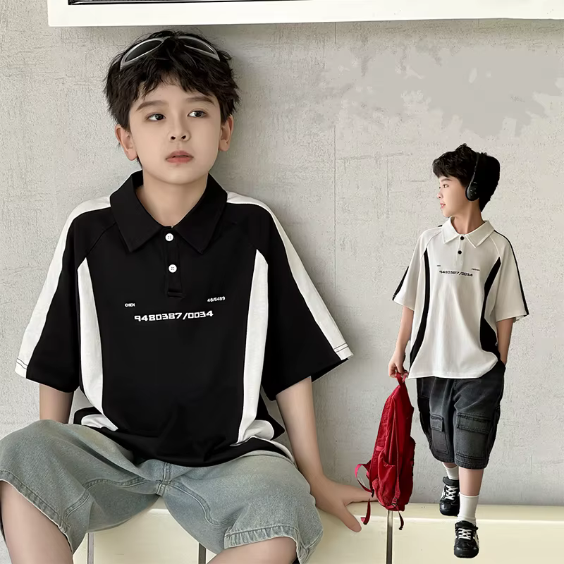 Mode enfants couleur contraste à manches courtes Polo pour garçons décontracté couleur bloc Poloshirt enfants été coton Polo t-shirt