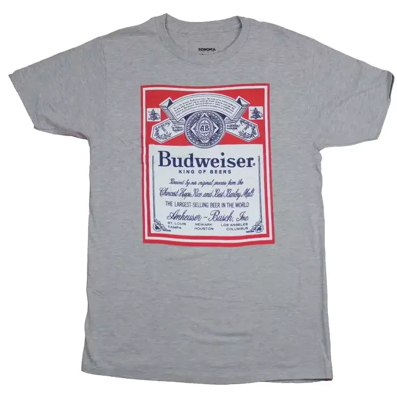 T-shirt Budweiser pour hommes, classique, rouge, blanc, bleu, avec image de l'étiquette