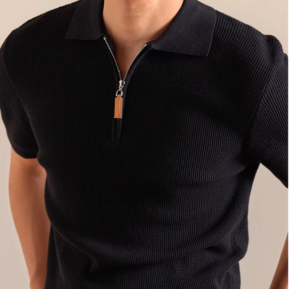 Lyocell mélange tricoté Polo hommes à manches courtes fermeture éclair revers décontracté demi