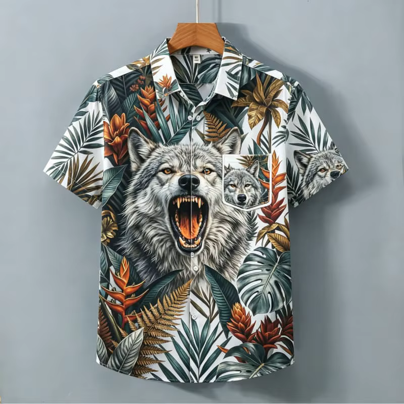 Chemise à manches courtes pour homme avec imprimé tête de loup dominant