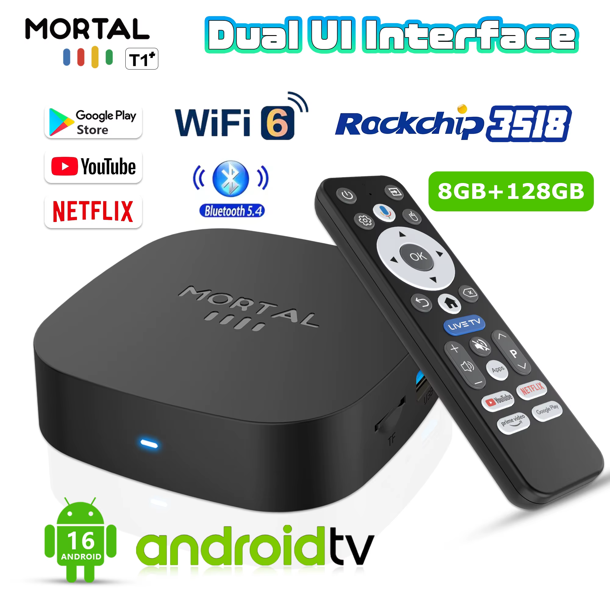 Nouvelle boîte TV T1+ 8K HD 2025, Android 16.0, RK3518 Quad Core, 8 Go de RAM, 128 Go de ROM, double Wifi 2.4G/5.8G, lecteur multimédia de cinéma maison