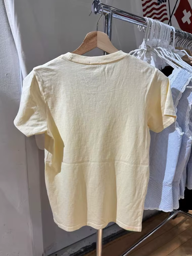 Lettre broderie jaune T-shirt femme été col rond manches courtes coton t-shirts décontracté doux Preppy Style mignon