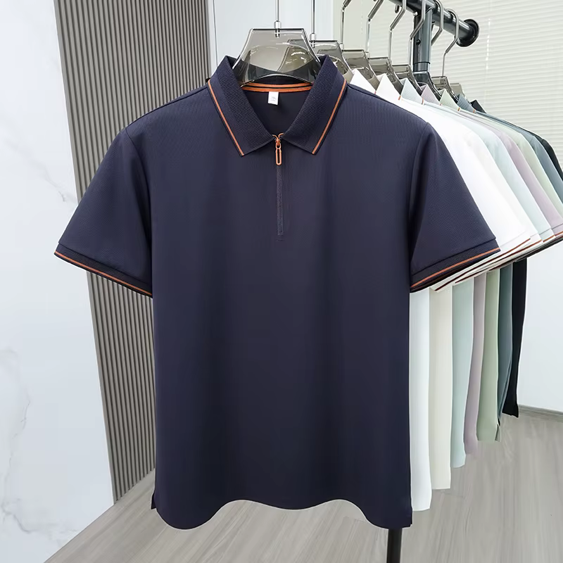 Light luxe couleur solide manches courtes polo chemise homme été glace soie respirable affaires décontractée mode zipper Le col renversé T-shirt