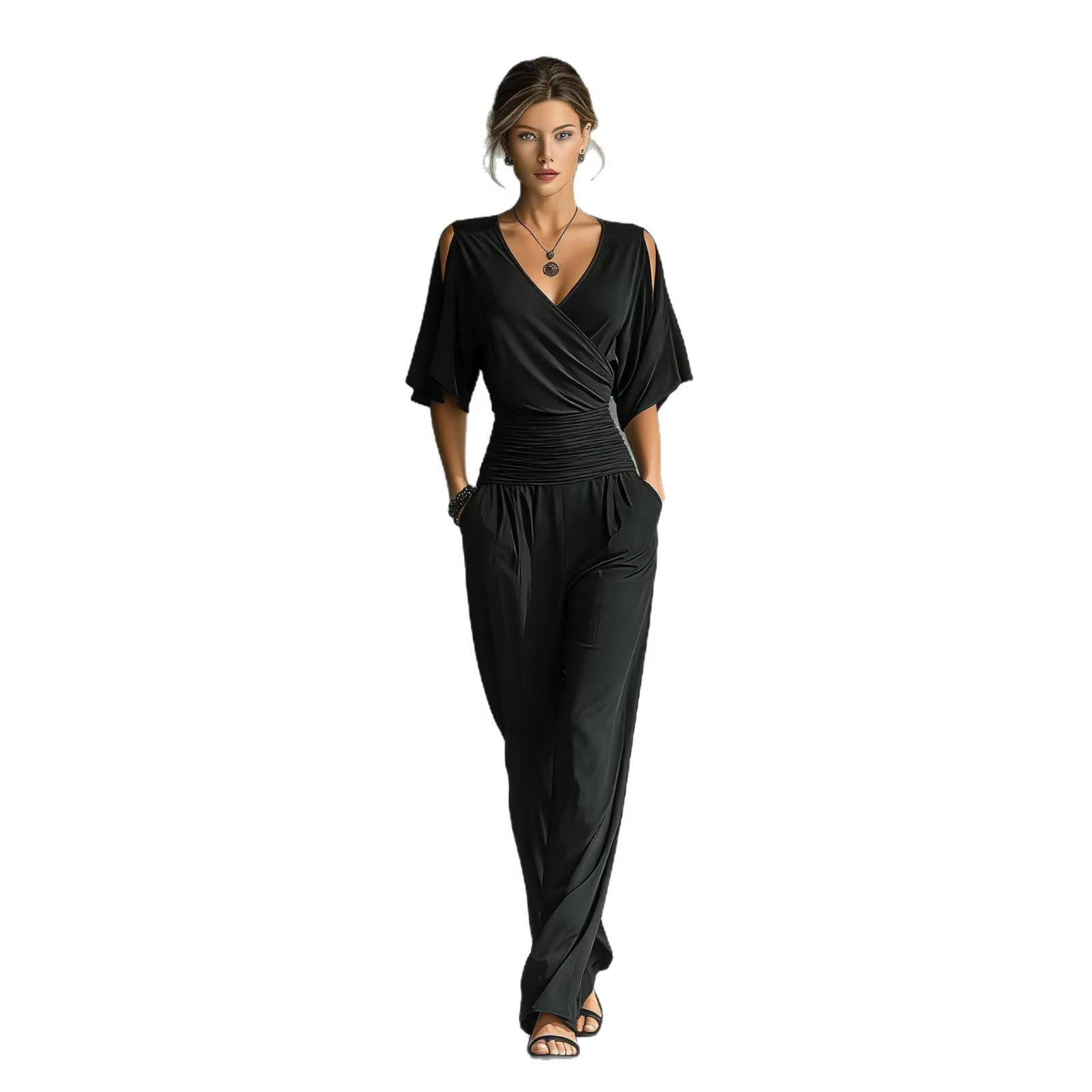 Combinaison Femme Col V Manches Courtes Taille Ample Coupe Ajustée Nouvelle Collection Été Tendance
