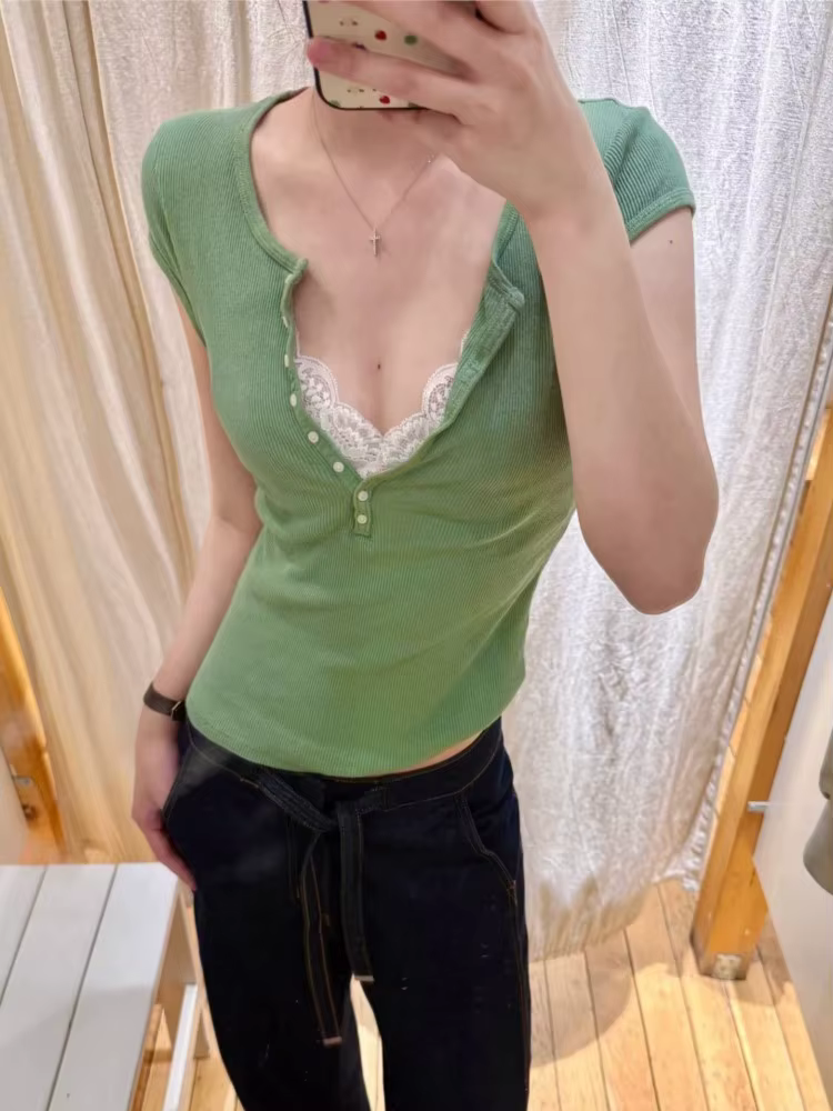 T-shirts slim Matcha Buttons pour femmes, été, décontracté, streetwear, côtelé, col rond, manches courtes, doux, simple, polyvalent, Y2K