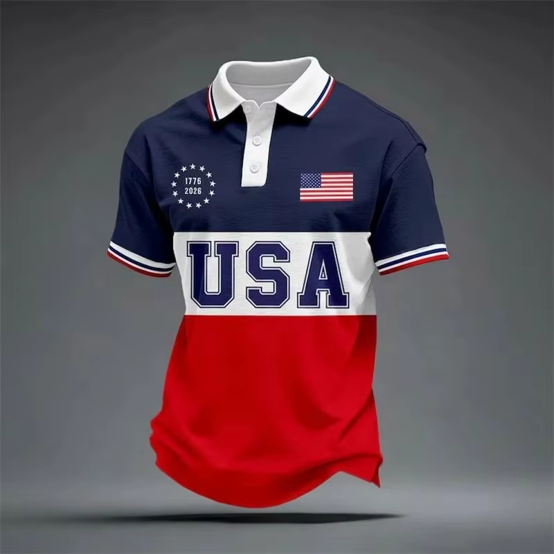 Polo pour Homme 2026 Tendance Motif Drapeau USA Impression 3D Manches Courtes T-shirt Vente Chaude Streetwear Été Boutonné Col Revers Ample