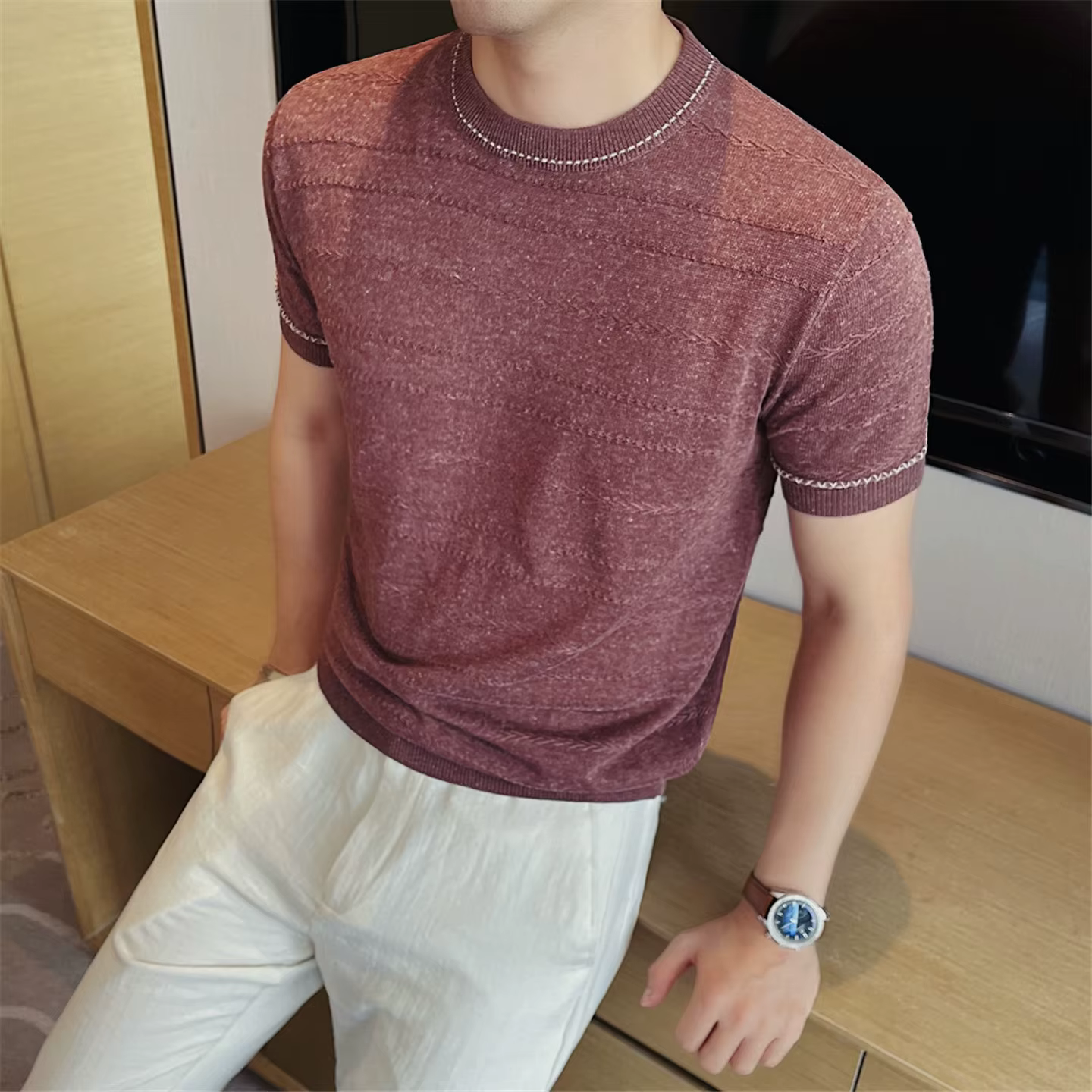 T-shirt en maille mélangée lin bicolore pour homme