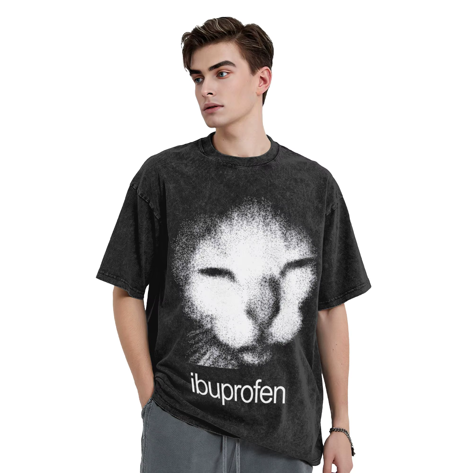 T-shirts délavés chat Meme Ibuprofen Hip Hop Vintage T-Shirt haute rue Streetwear coton imprimé hauts