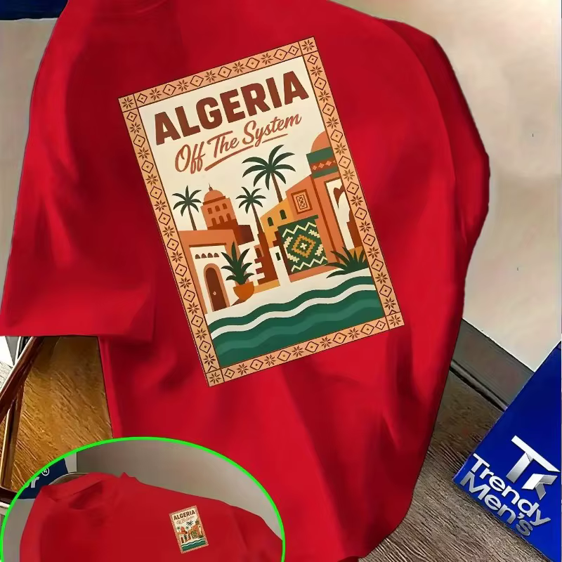 T-shirt rose à motif algérien pour homme - Texte audacieux « Algérie » et design paysage urbain désertique