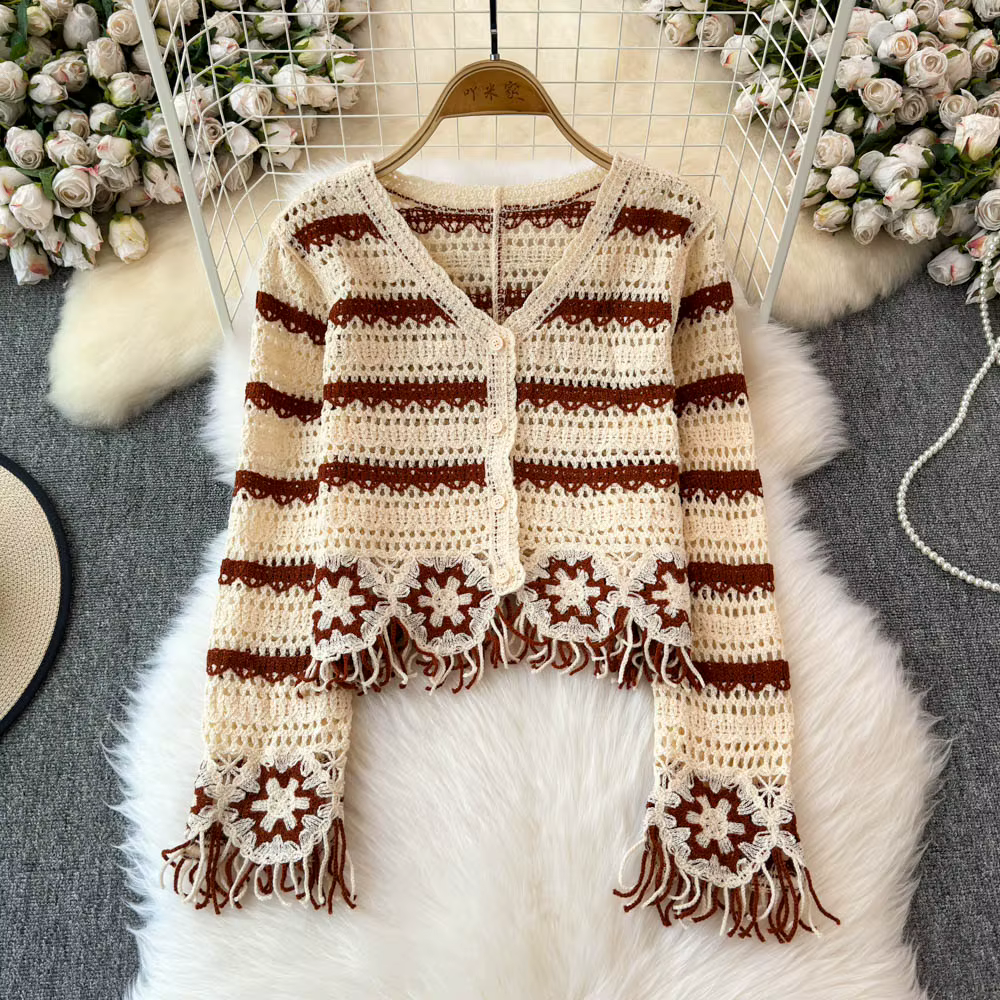 Haut en tricot au Crochet brodé à fleurs