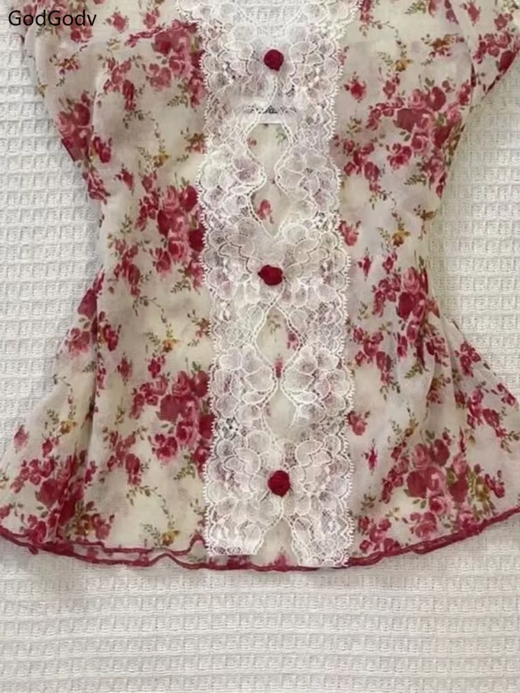 2025 été femme Floral licou dentelle Blouse 2025 Vintage Sexy Slim Fit fée mode coréenne