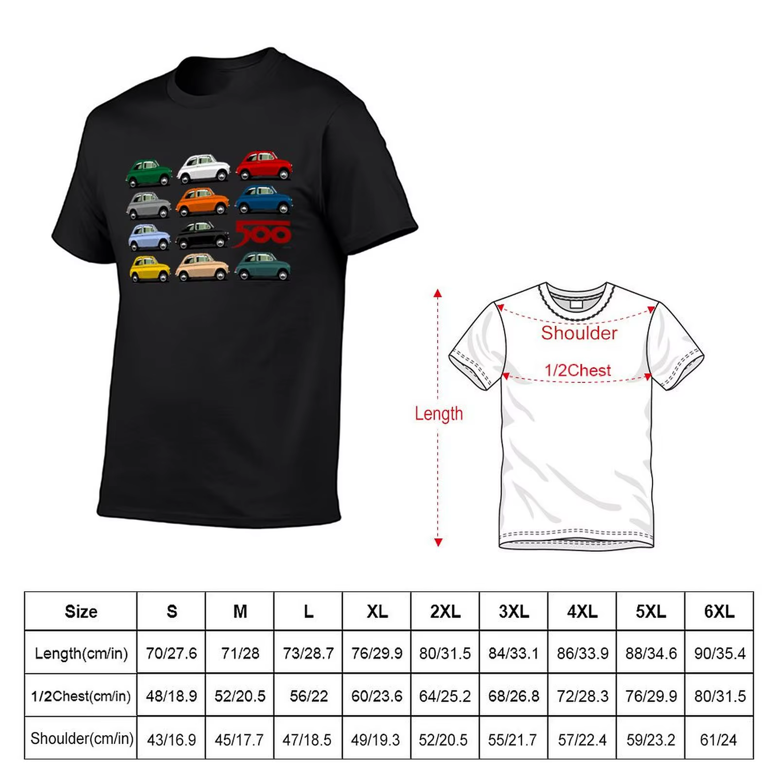 T-shirt Fiat 500 avec vue latérale pour homme, chemisier noir