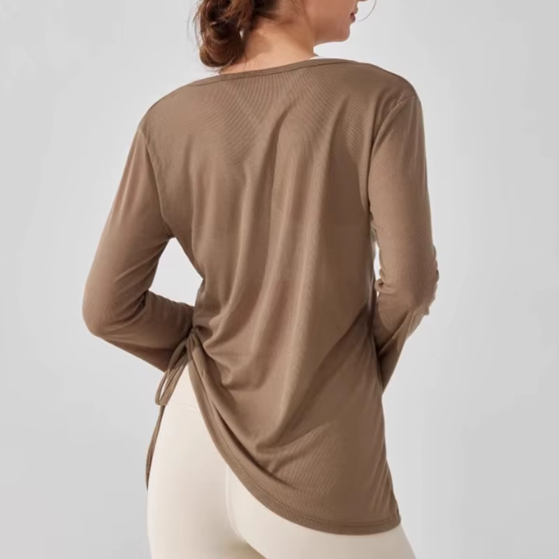 T-shirt de sport de yoga pour femmes, chemise de sport légère et fine avec cordon de serrage, ample, couvrant les hanches, fitness irrégulier, couverture à manches longues