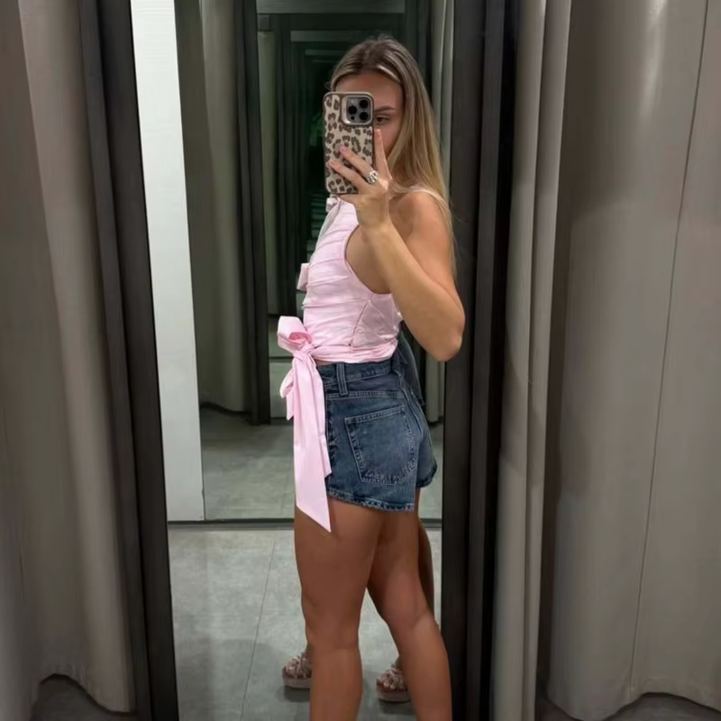 Haut court plissé pour femme avec nœud