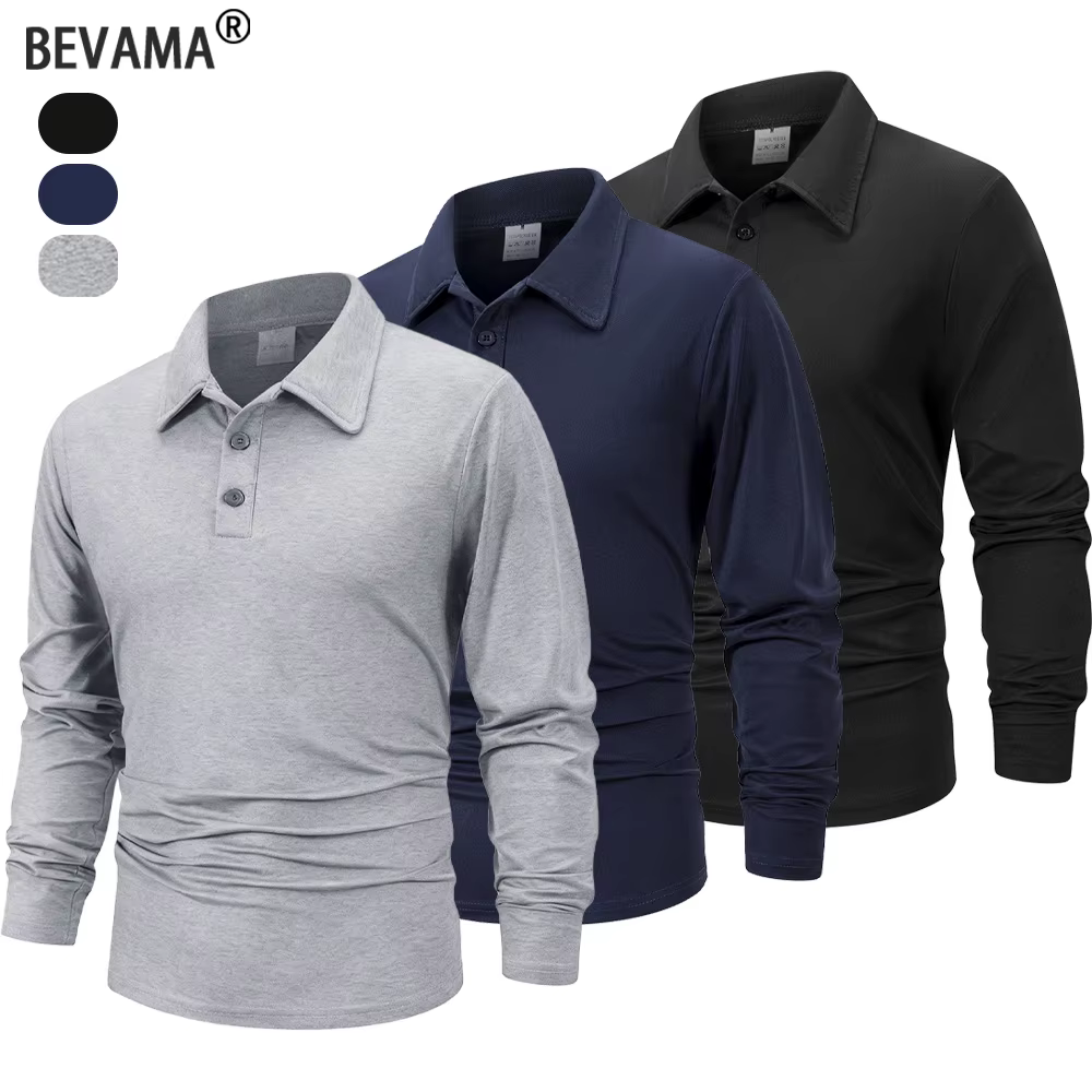 Printemps hommes d'affaires décontracté à manches longues Polo couleur unie à la mode respirant confortable Polos