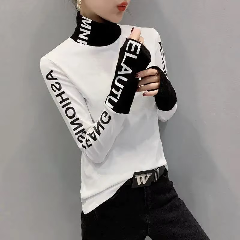 Vêtements chaud T-shirt haut jaune pour femmes avec impression 2025 col roulé femme