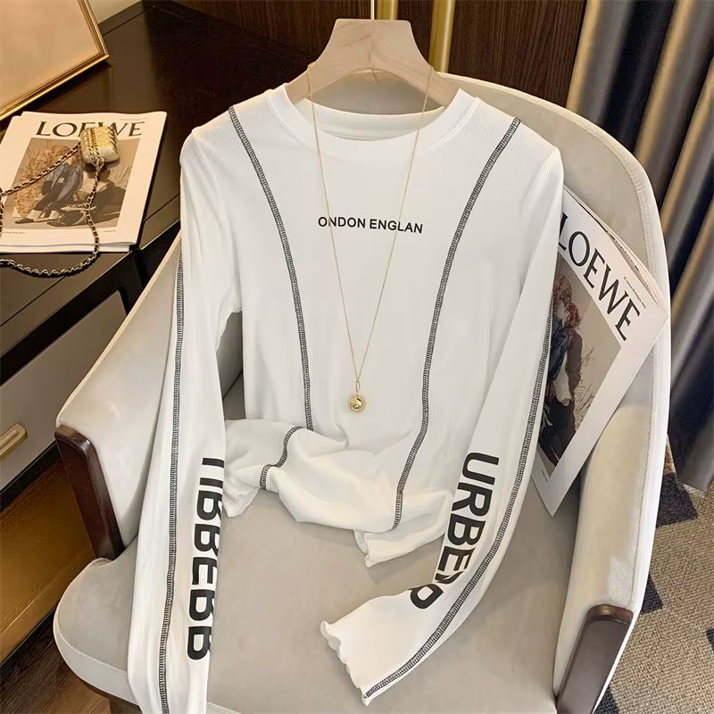 T-shirt à manches longues imprimé lettre blanche pour femmes