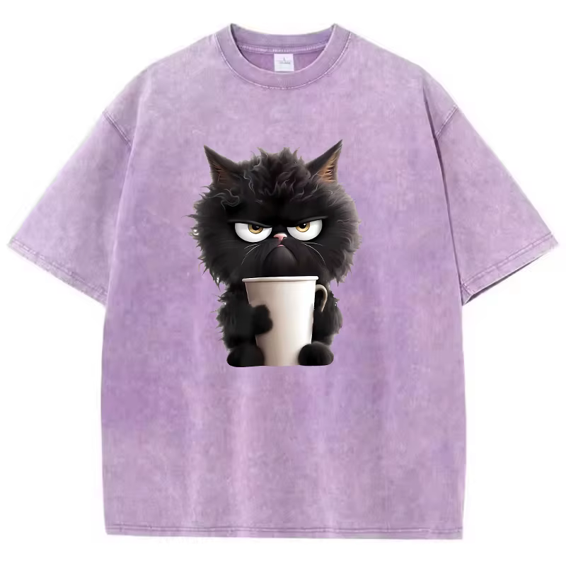 T-Shirt Vintage café chat lavé 100% coton T-Shirt graphique T-Shirt décontracté Streetwear printemps été