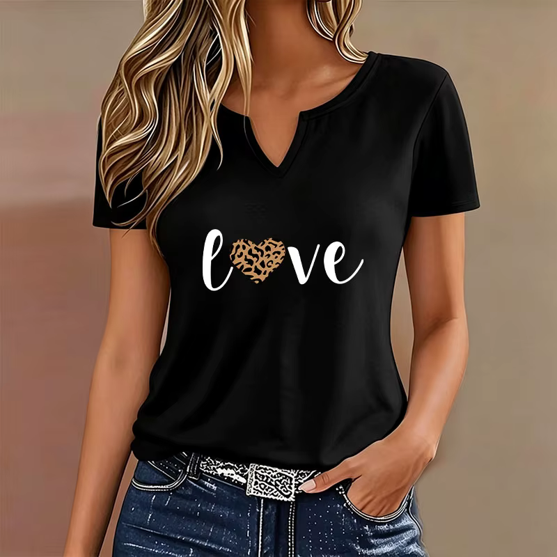 T-shirt imprimé léopard motif 'Fashion Letter Love' col en V décontracté Y2K pour femme à manches courtes
