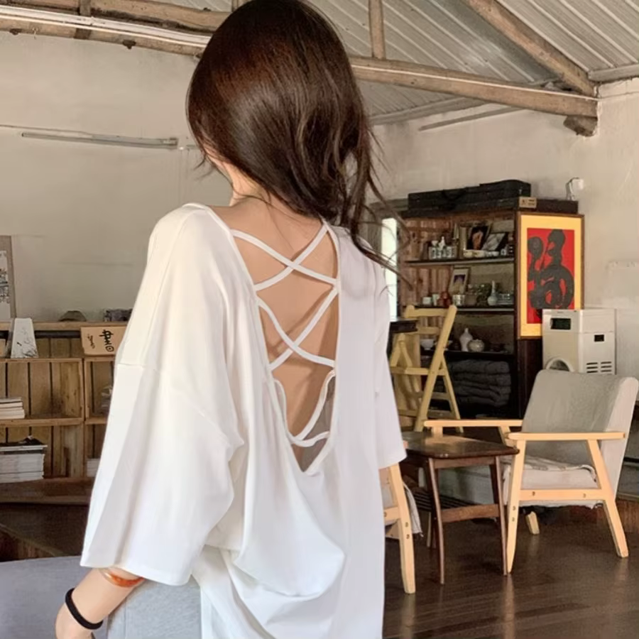 T-shirt dos nu à manches longues pour femme