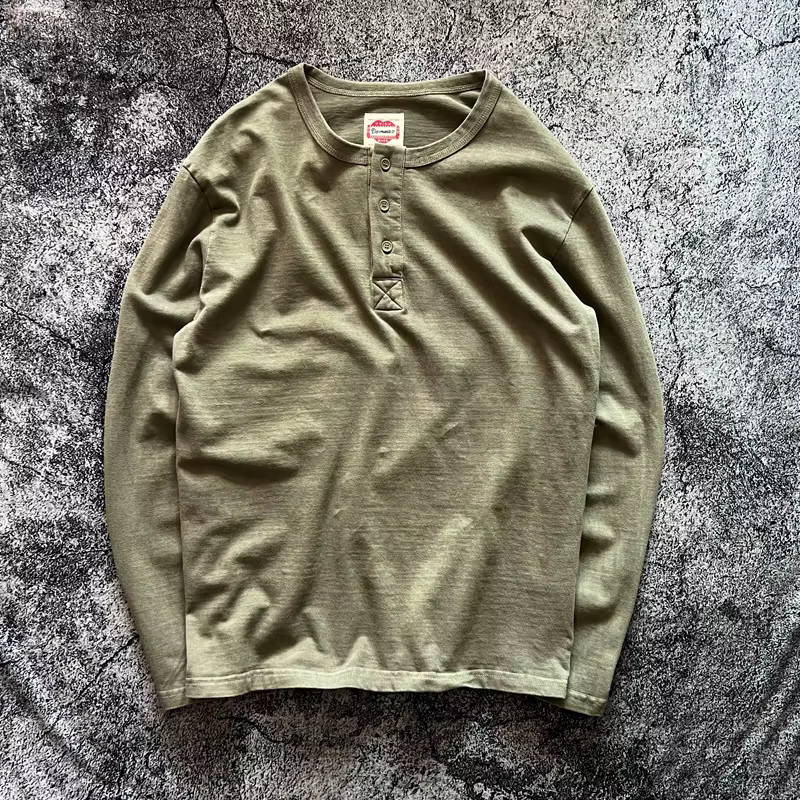 Henry chemise américaine Vintage poids lourd Amekaji lavé en détresse à manches longues coupe ample pur coton col