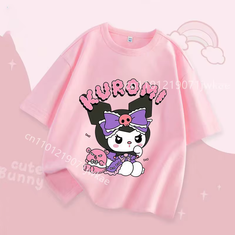 T-shirt fille Kuromi violet imprimé dessin animé, hauts pour enfants à manches courtes, vêtements d'été respirants et mignons pour bébés, cadeaux d'anniversaire