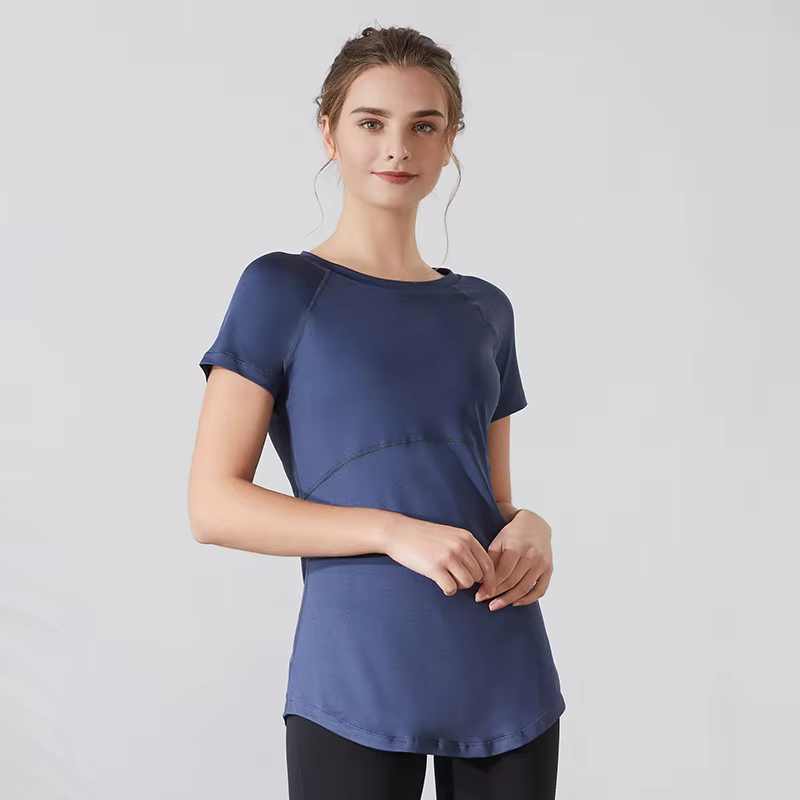 Femmes Yoga chemises manches courtes Sport T-Shirts respirant mince chemise de course séchage rapide gymnase Fitness hauts couverture hanches Blouse femme