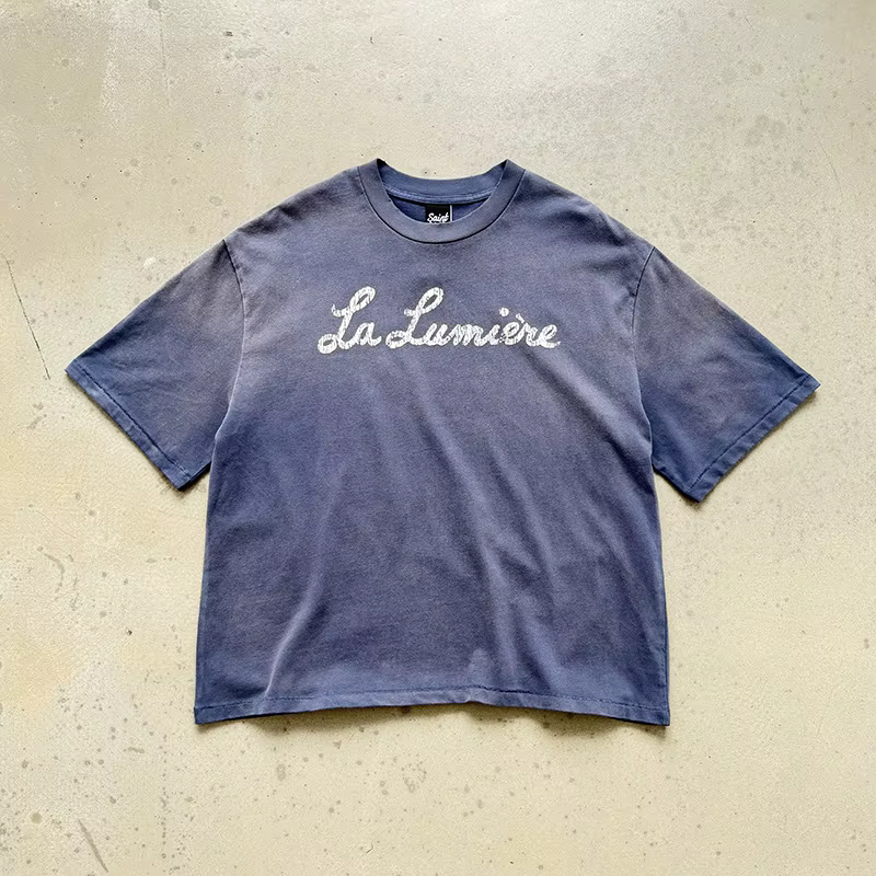 T-shirt décontracté unisexe Saint La Lumière avec logo imprimé lettres craquelées