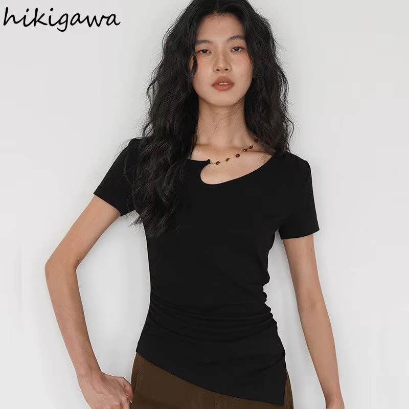 T-shirts Femme Noire 2026 – Tunique à Manches Courtes en Coton Y2K – Hauts Décontractés et Sexy pour l'Été – Style Coréen – Camisetas