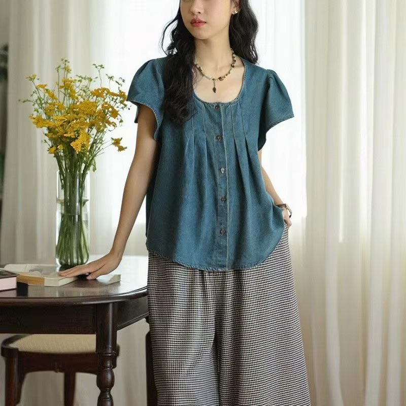 Chemise en jean japonaise à manches courtes pour femme