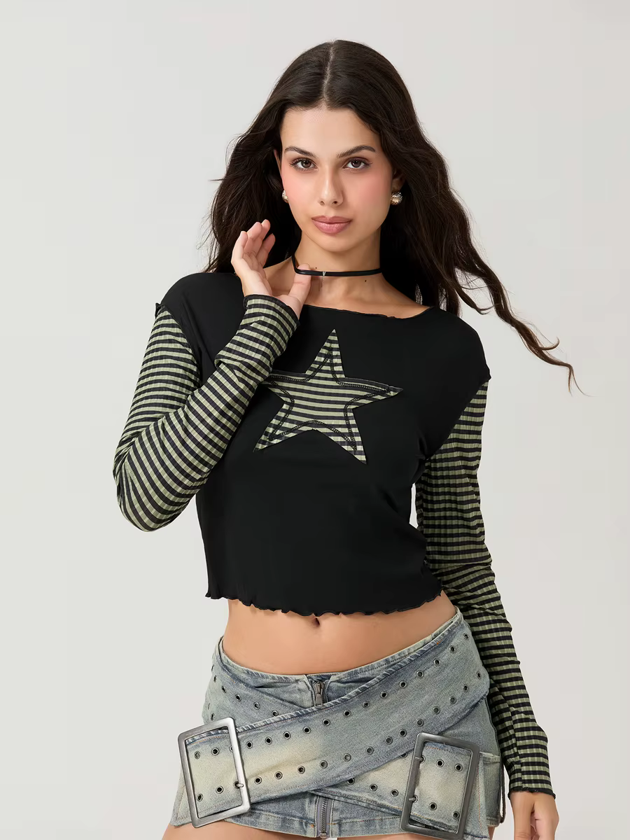 Women T-shirt Long Sleeve Crew Neck Star Stripe