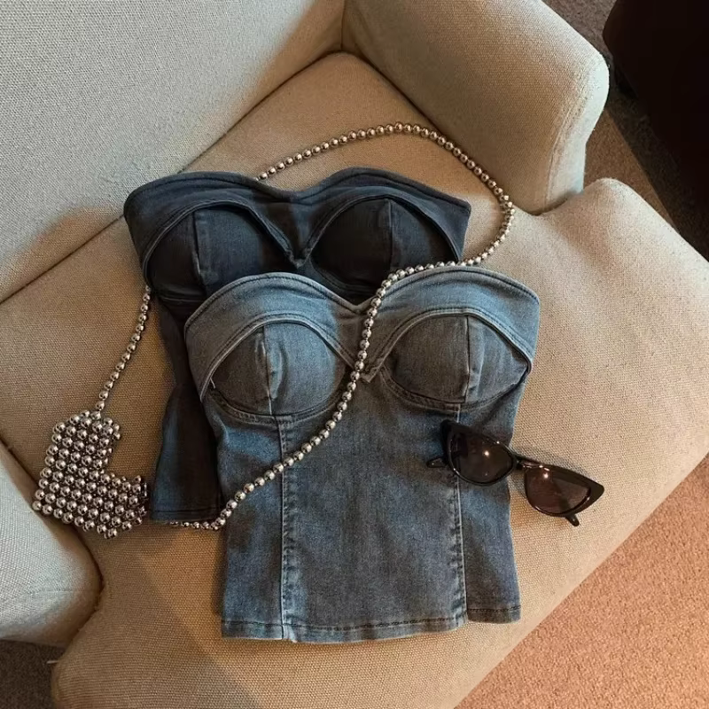 Débardeurs de mode américaine avec soutien-gorge intégré tout-puissant décontracté Denim haut Corset femmes jean Camis hauts Spaghetti sangle livraison directe