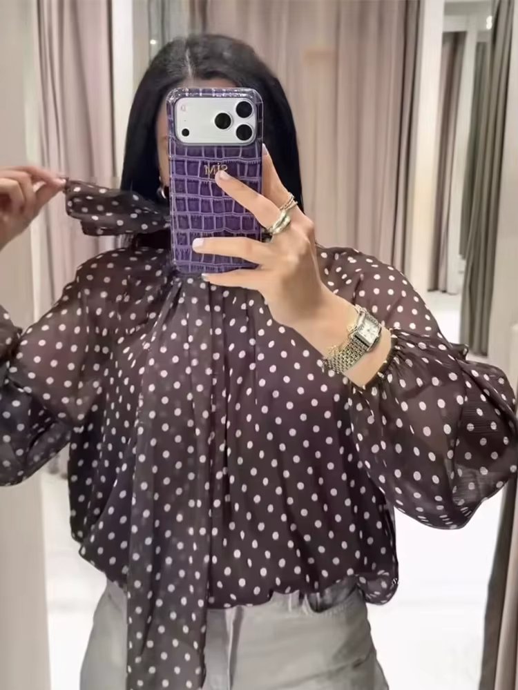 Femmes à pois imprimé Blouse décontracté col haut à manches longues dame
