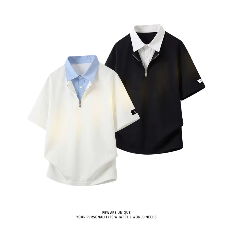 Chemises polo tendance à demi-zip bicolores pour hommes