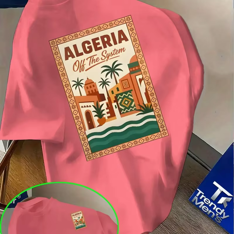 T-shirt rose à motif algérien pour homme - Texte audacieux « Algérie » et design paysage urbain désertique
