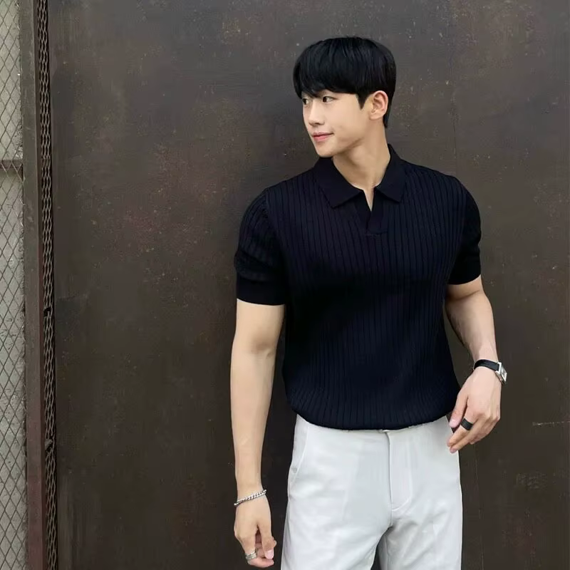 Hommes Slim Fit Polos Solide Stretch Sexy Col TShirt Mode Tendance Coton Haut Décontracté Vêtements D'été Confortable Extensible