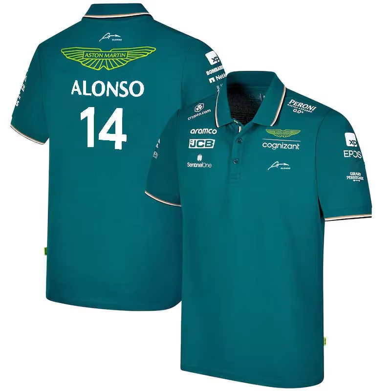 Aston Martin Racing Team Training Street Style Button Polo Shirt Fernando Alonso 14 Vêtements à manches courtes pour hommes et femmes
