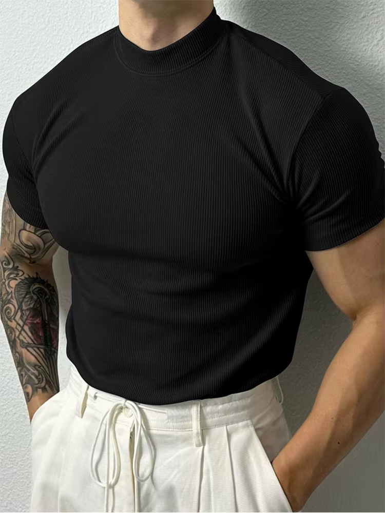 Nouveau T-shirt homme tendance 2026 – Haut de sport à col montant rayé