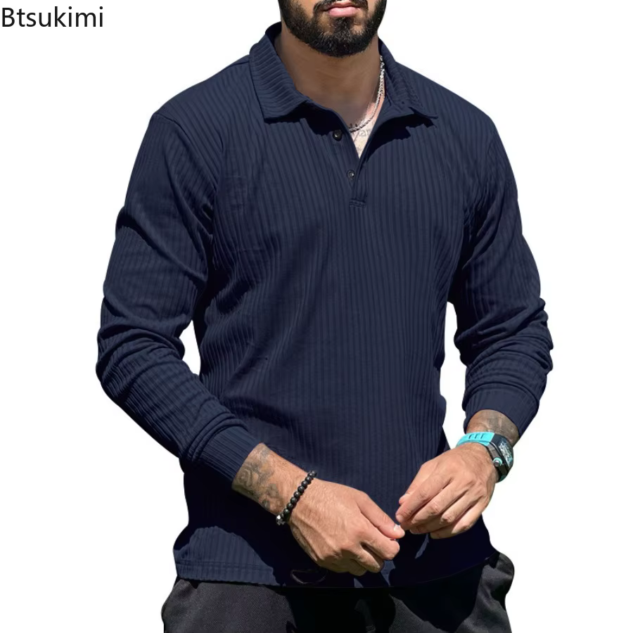Nouveau T-shirt Polo Décontracté à Manches Longues pour Homme