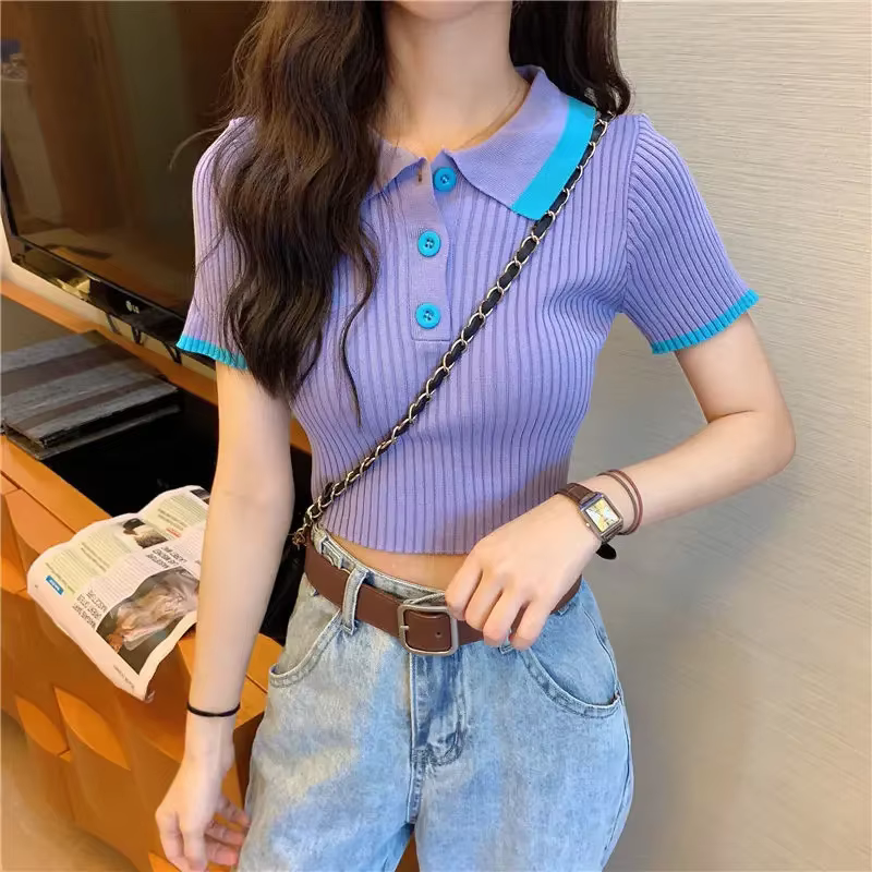 Polo femme Sexy haut court bouton femme t-shirt tricoté mince avec T-shirts col vêtements coréens pulls tendance 2025 été