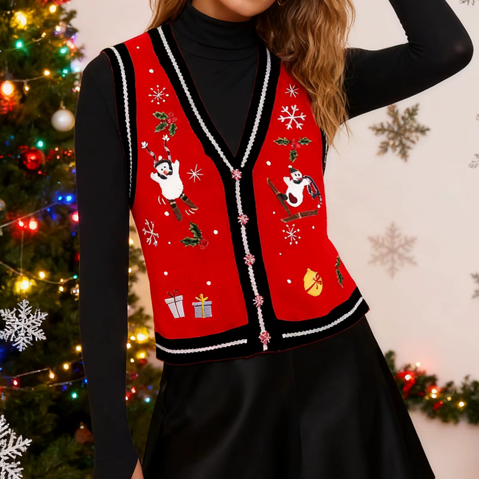 Gilet en tricot brodé de noël pour femmes