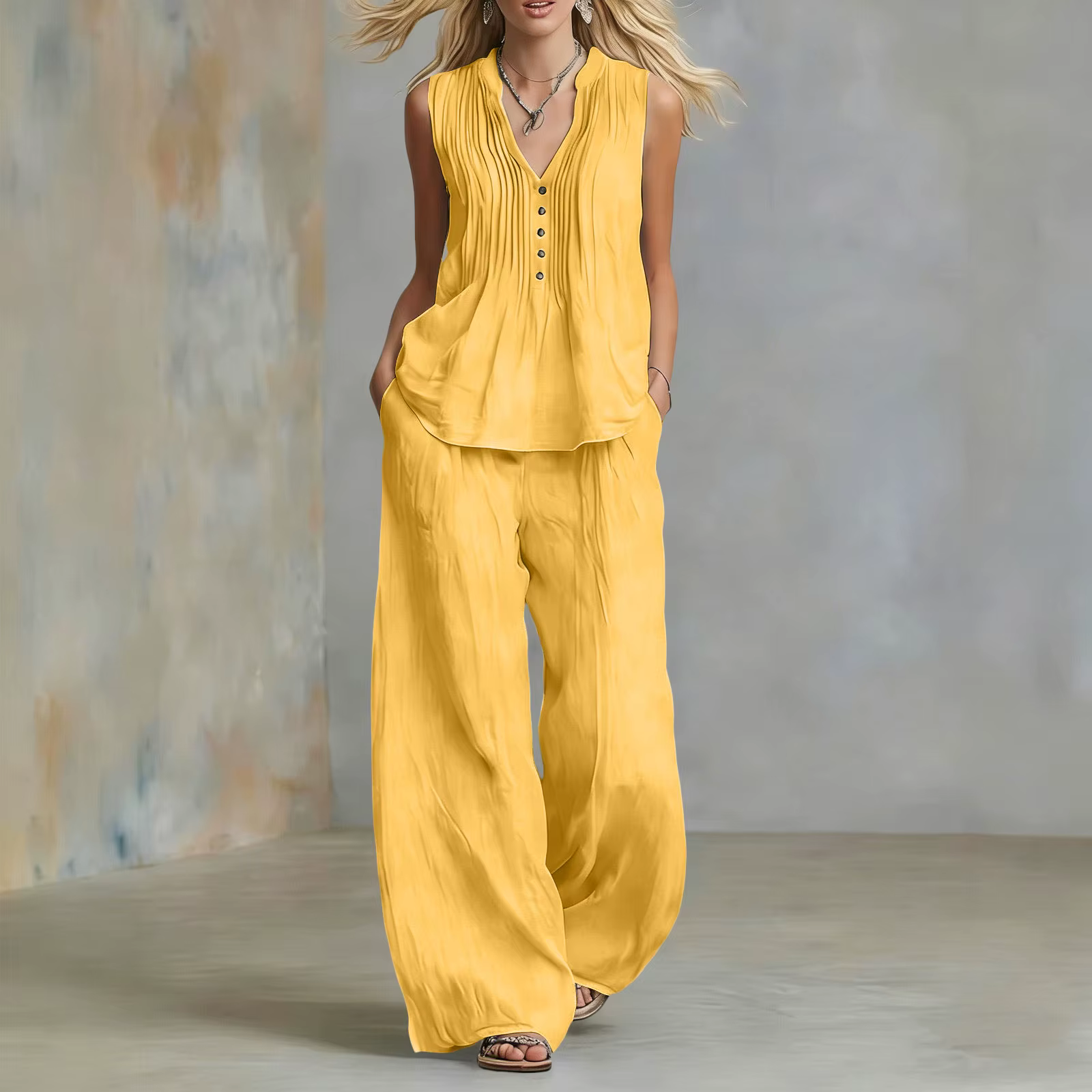 Ensemble deux pièces décontracté pour femme : Gilet sans manches et pantalon long à jambes larges