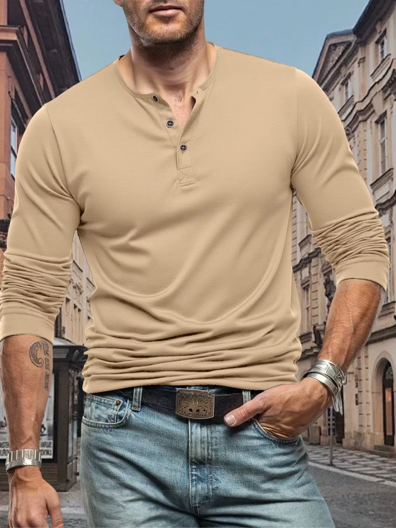 T-Shirt homme manches longues hauts t-shirts de rue col Henley bouton sport